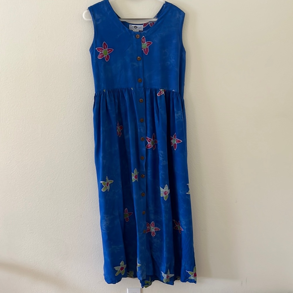Daily Planet, 100% rayon, sleeveless dress/jumper.  Front buttons, ties in back.